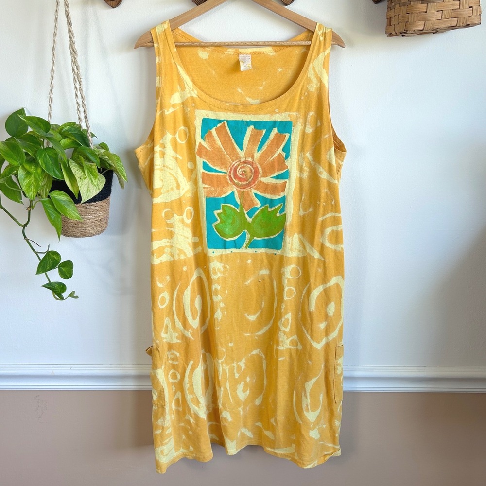 Vintage Creations by Tina Yellow Batik Floral Hand Painted Cotton Dress L/XL
